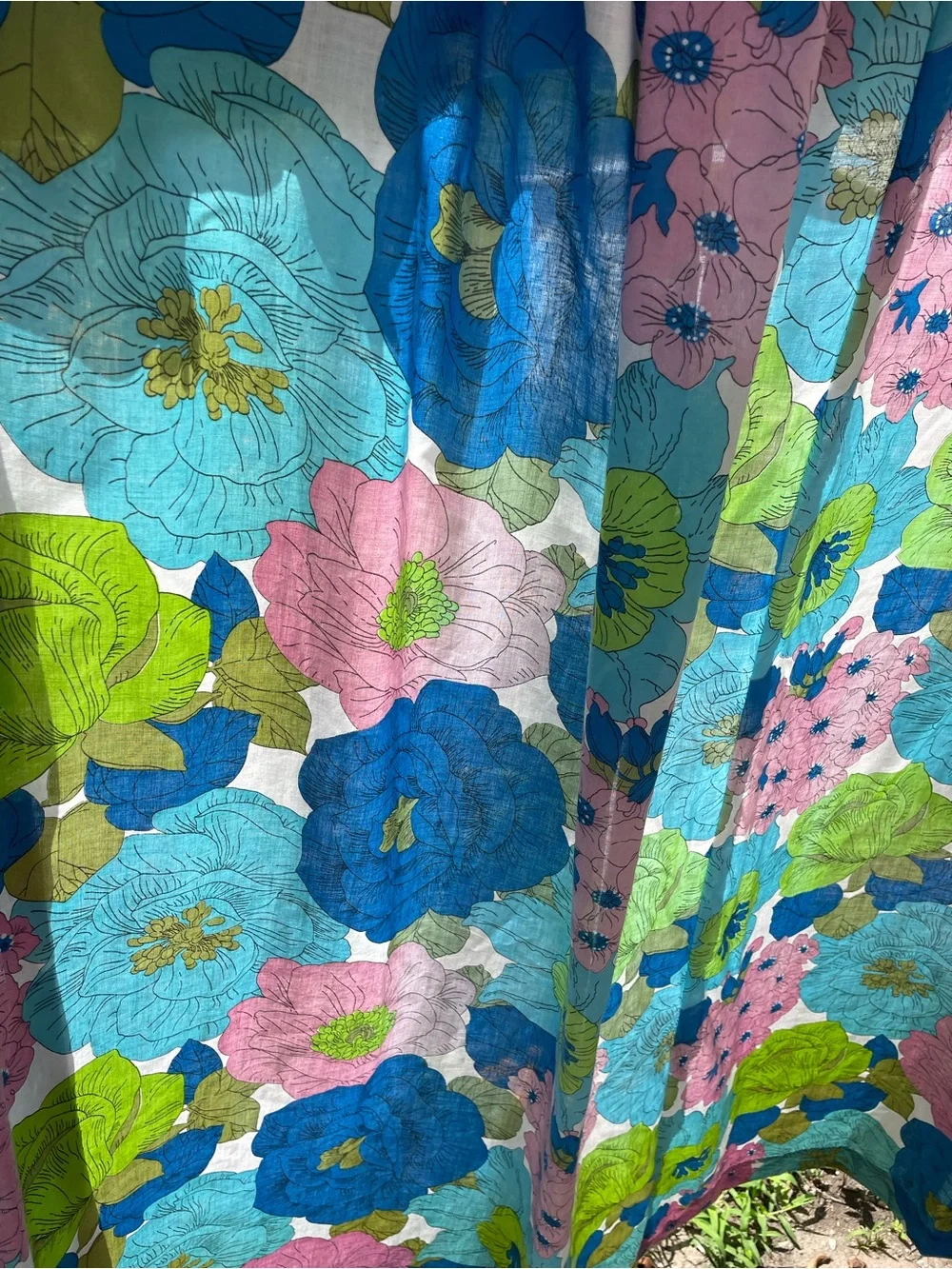 Pair Penney’s Penn Prest 70s Floral Window Curtains Panel in Blue, Green & Pink